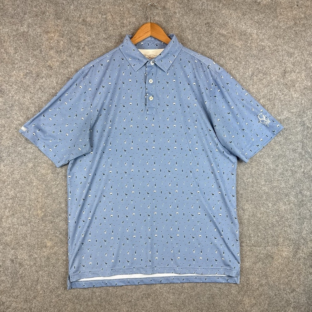 Straight Down Polo Shirt Mens Large Blue Cocktails AOP Performance Stretch